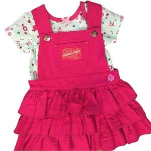 Farm Girl Brand 6-9 Month Pink Ruffled Overall Dress & Mint Floral Onesie